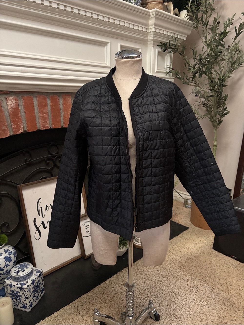 Athleta Black Quilted Bomber Jacket